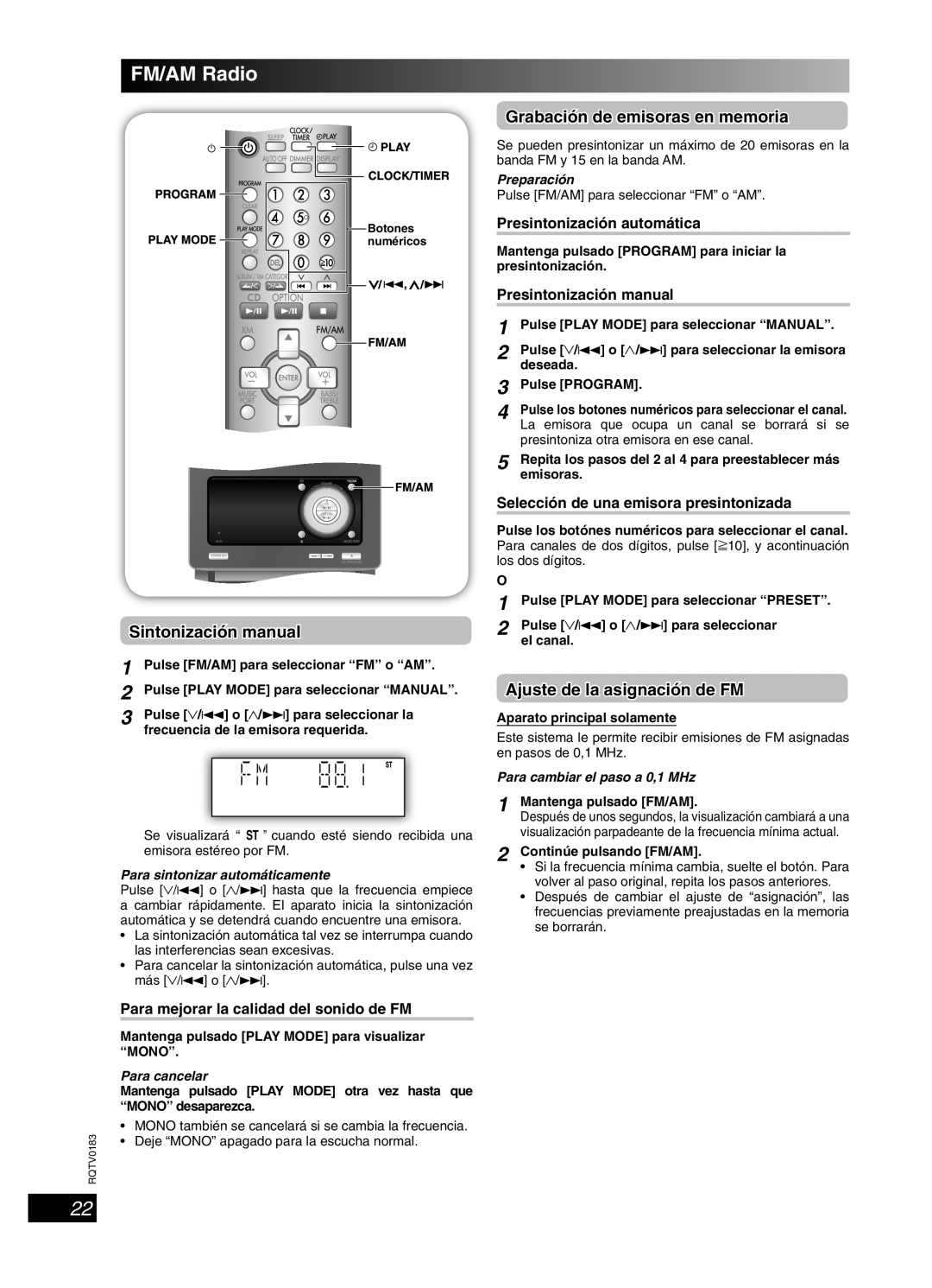 Panasonic SC-NS55 Sintonización manual, Grabación de emisoras en memoria, Ajuste de la asignación de FM 