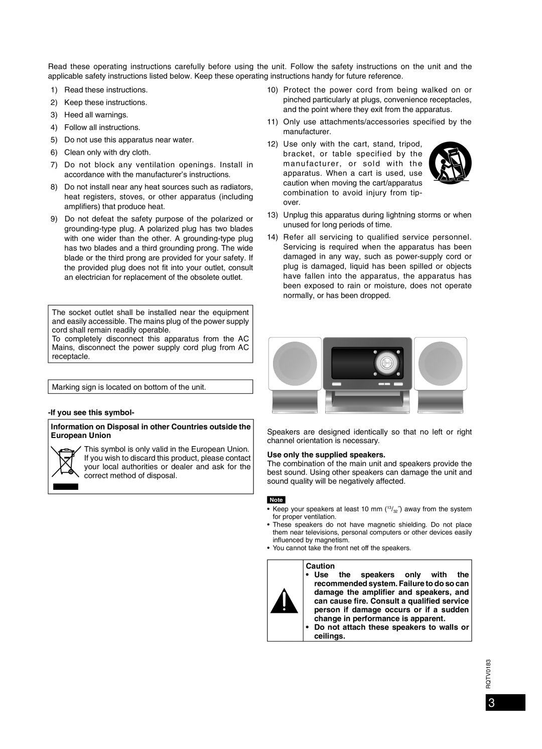 Panasonic SC-NS55 important safety instructions Placement of speakers, Use only the supplied speakers 