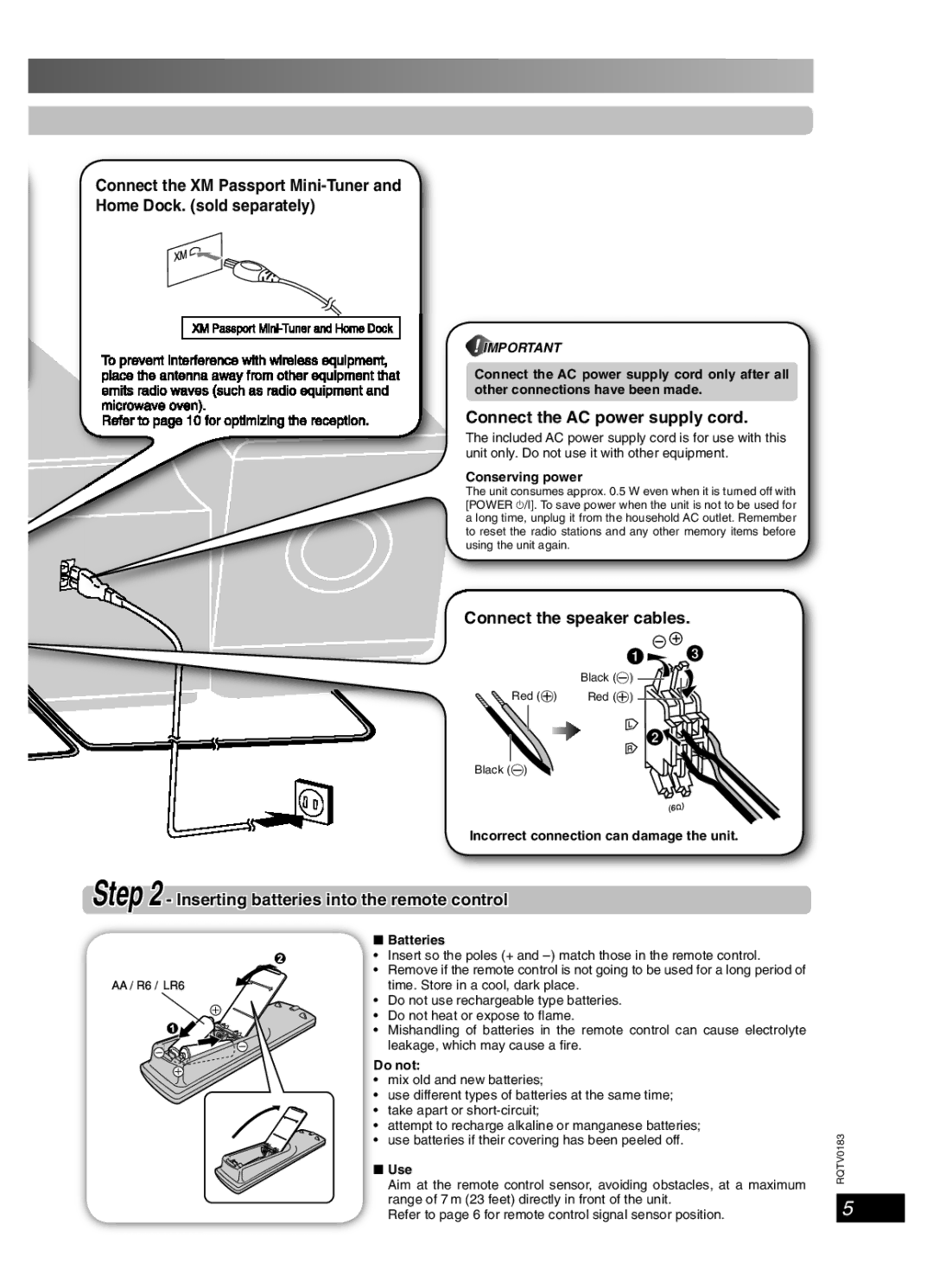 Panasonic SC-NS55 important safety instructions Connect the AC power supply cord, Connect the speaker cables 