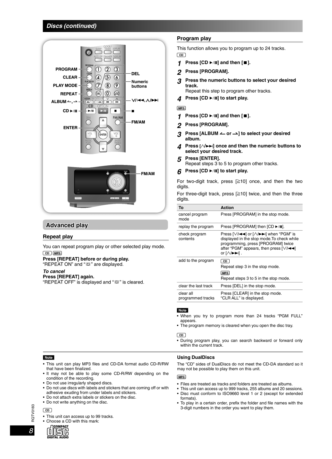 Panasonic SC-NS55 important safety instructions Advanced play, Repeat play, Program play, To cancel 