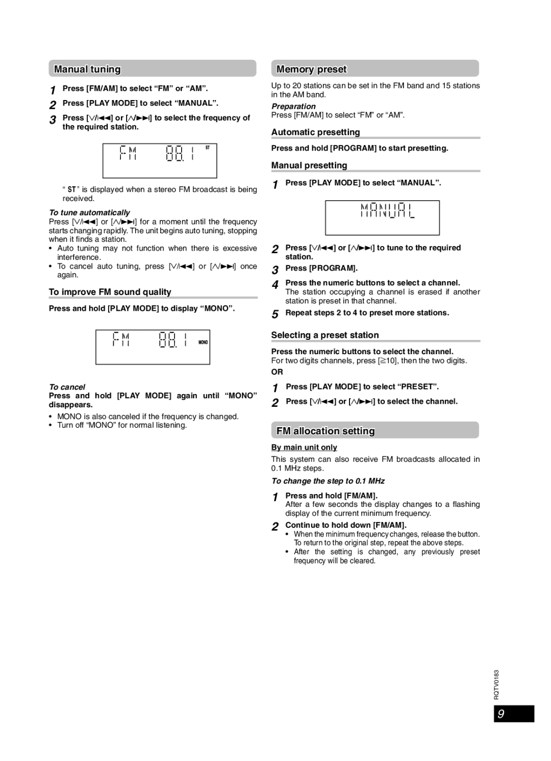 Panasonic SC-NS55 important safety instructions FM/AM Radio, Manual tuning, Memory preset, FM allocation setting 