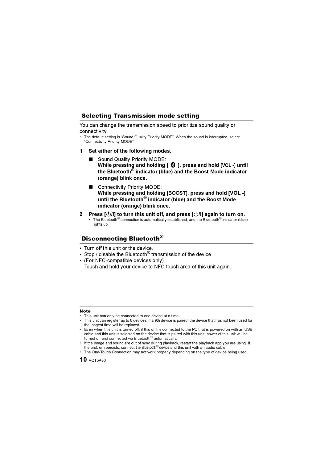 Panasonic SC-NT10 Selecting Transmission mode setting, Disconnecting Bluetooth, Set either of the following modes 