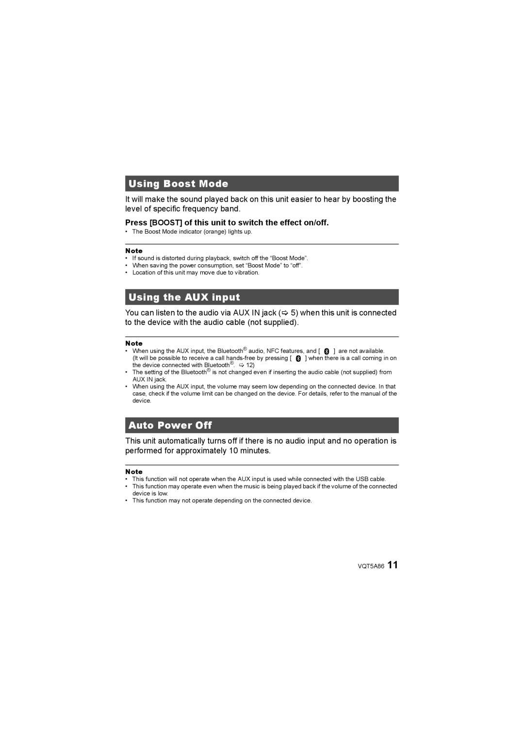 Panasonic SC-NT10 owner manual Using Boost Mode, Using the AUX input, Auto Power Off 