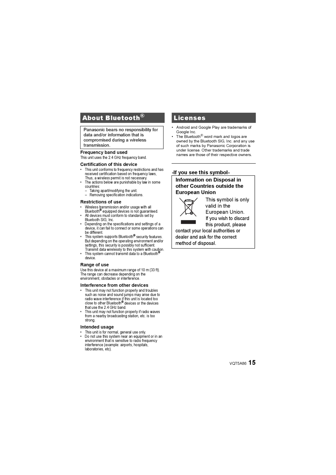 Panasonic SC-NT10 owner manual About Bluetooth, Licenses, If you see this symbol 