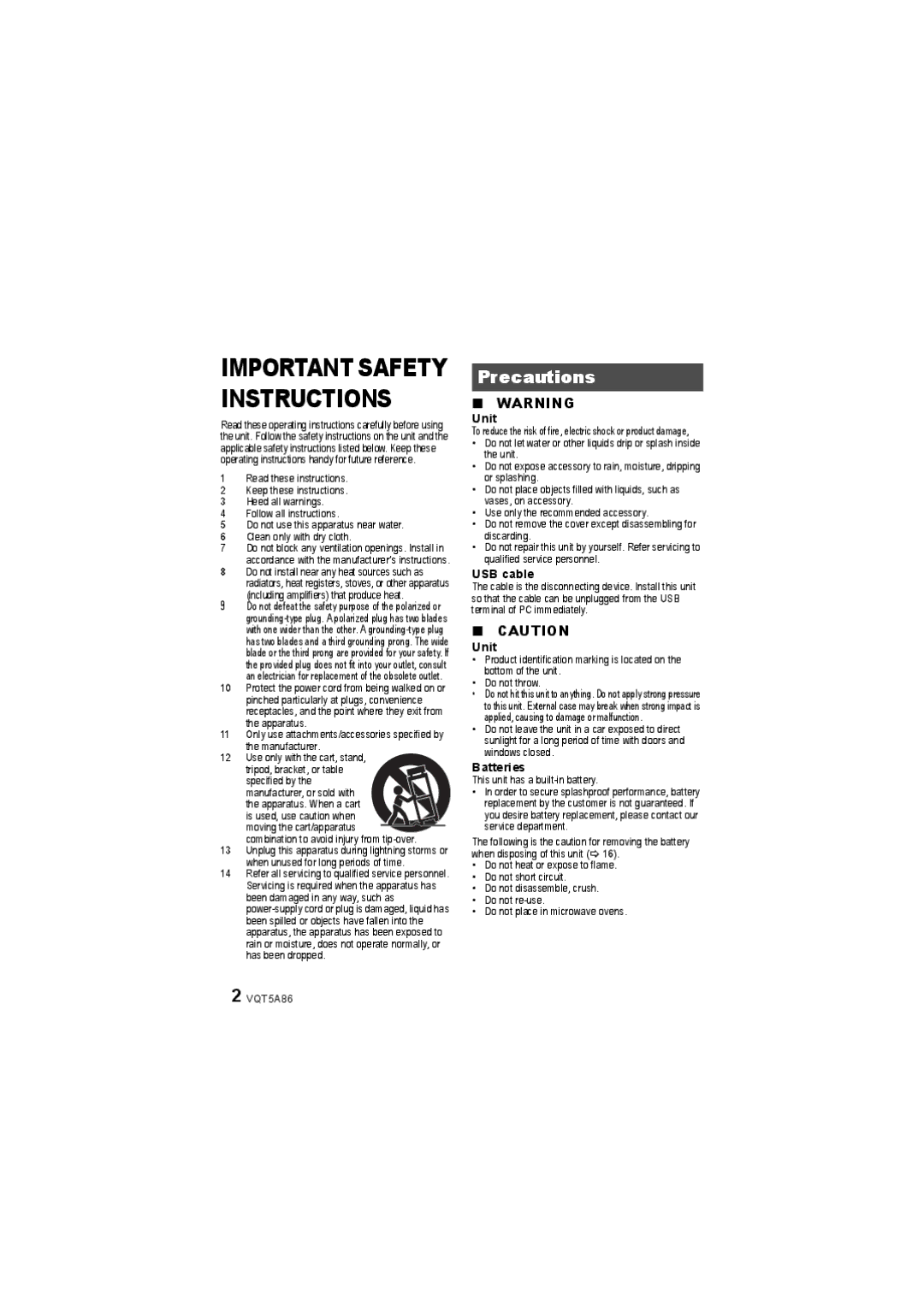 Panasonic SC-NT10 owner manual Precautions, Unit, USB cable, Batteries 