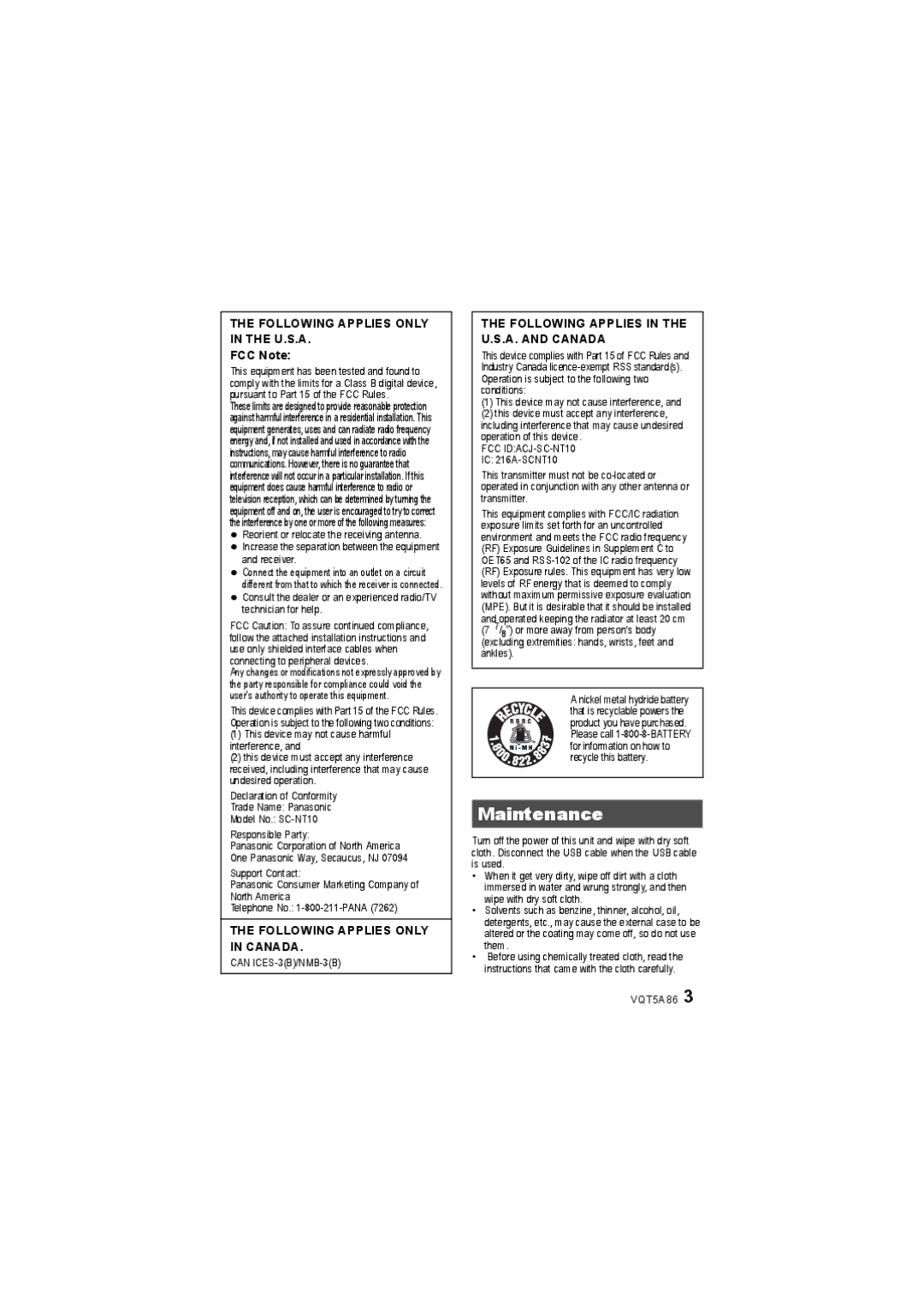 Panasonic SC-NT10 owner manual Maintenance, FCC Note 