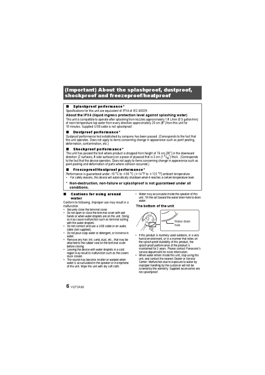 Panasonic SC-NT10 owner manual Splashproof performance, Dustproof performance, Shockproof performance, Bottom of the unit 