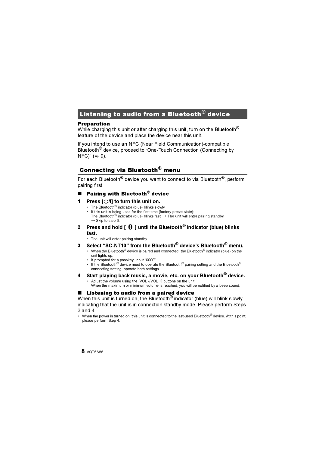 Panasonic SC-NT10 owner manual Listening to audio from a Bluetooth device, Connecting via Bluetooth menu, Preparation 