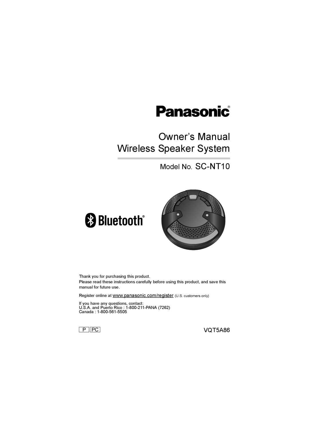 Panasonic owner manual Model No. SC-NT10, VQT5A86 