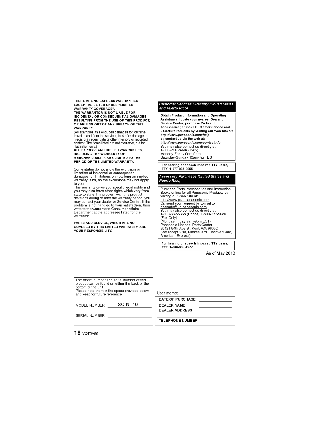 Panasonic SC-NT10 owner manual As of May User memo, Accessory Purchases United States and Puerto Rico 