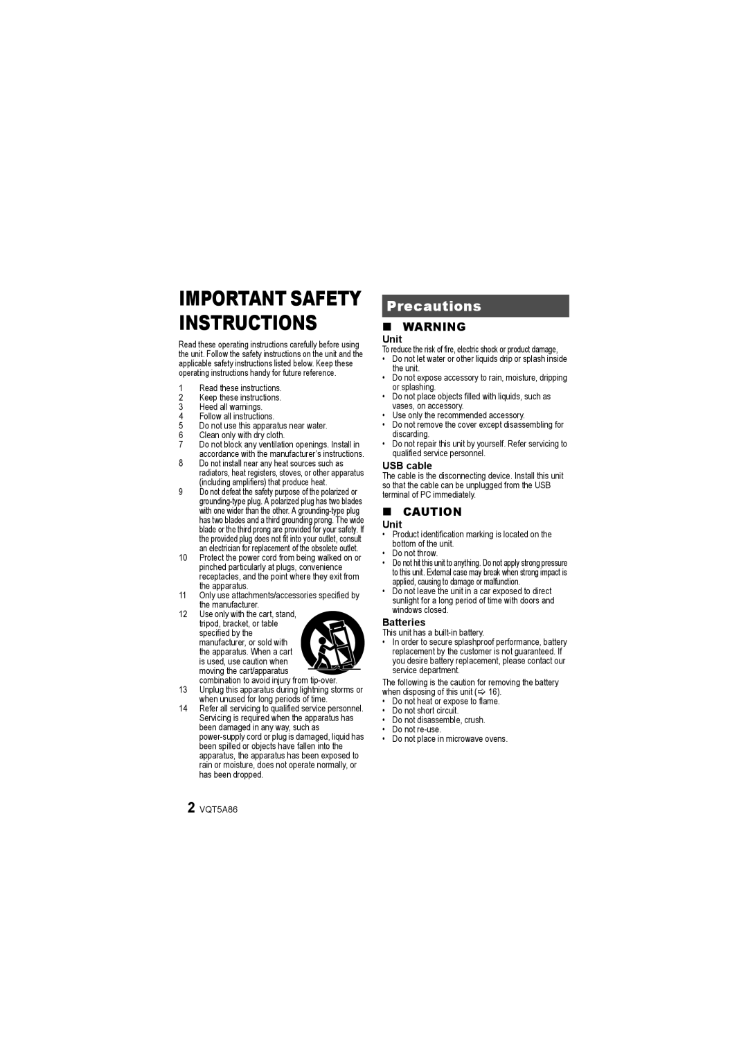 Panasonic SC-NT10 owner manual Precautions, Important Safety Instructions, Unit, USB cable, Batteries 