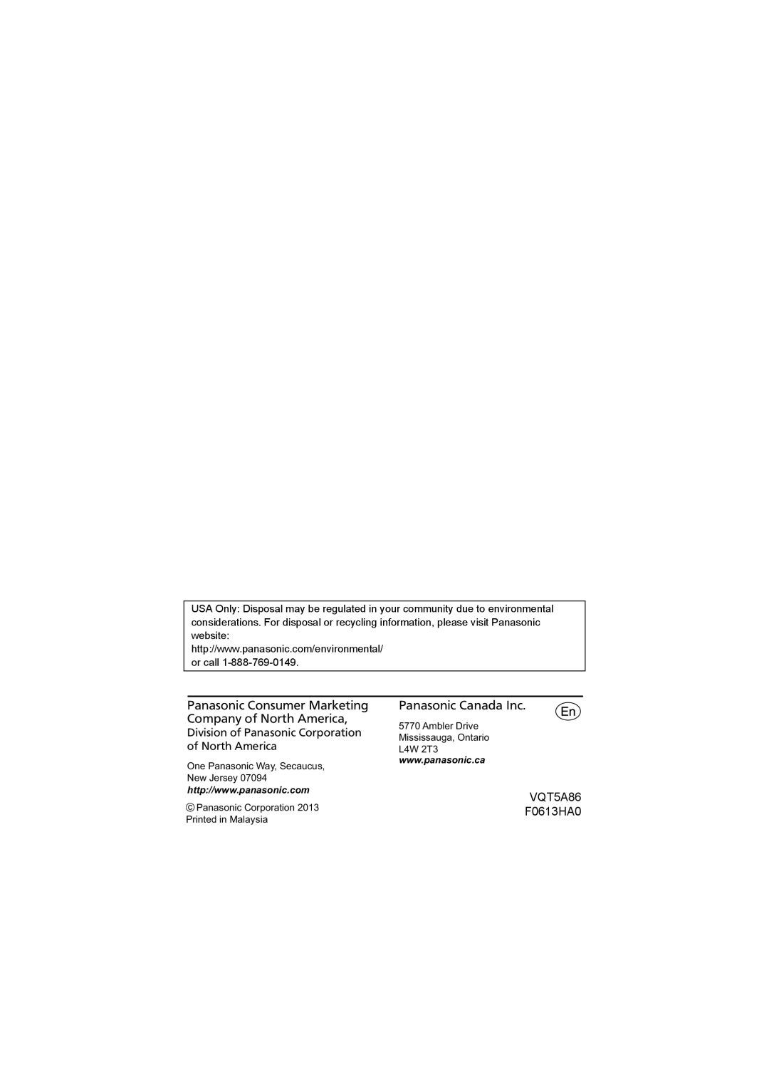 Panasonic SC-NT10 owner manual VQT5A86 F0613HA0, Panasonic Canada Inc 
