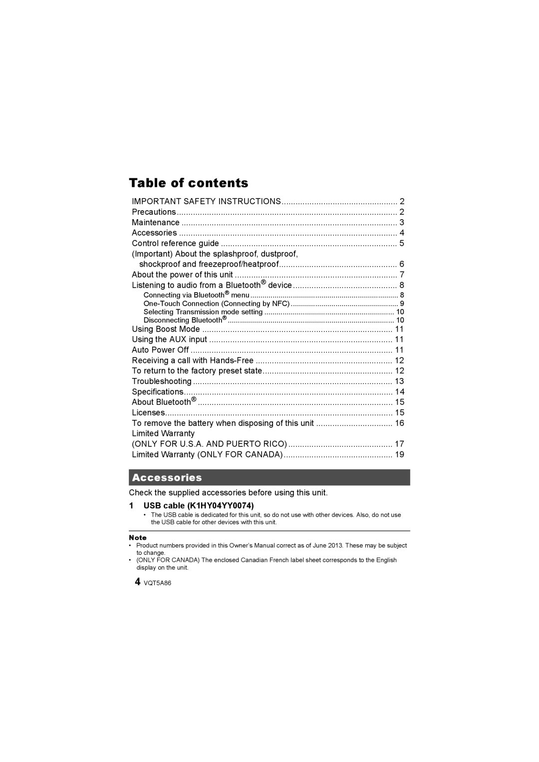 Panasonic SC-NT10 owner manual Accessories, 1USB cable K1HY04YY0074, Table of contents 