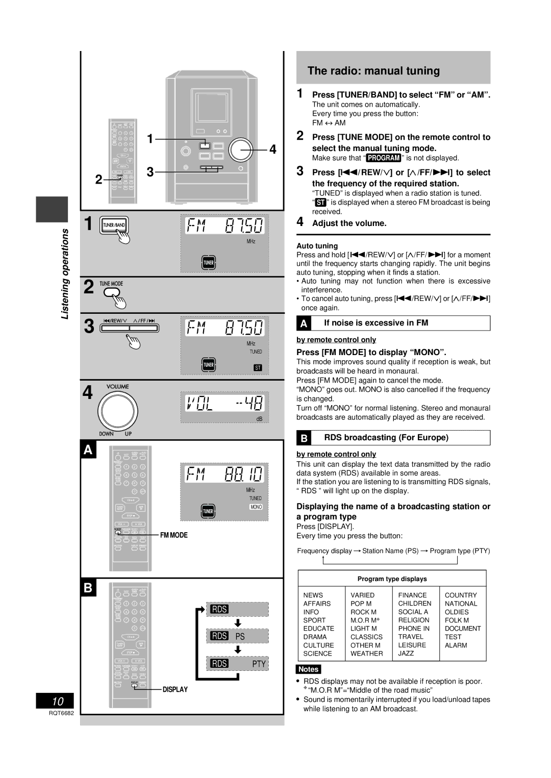 Panasonic SC-PM10 operating instructions Radio manual tuning, Listening 