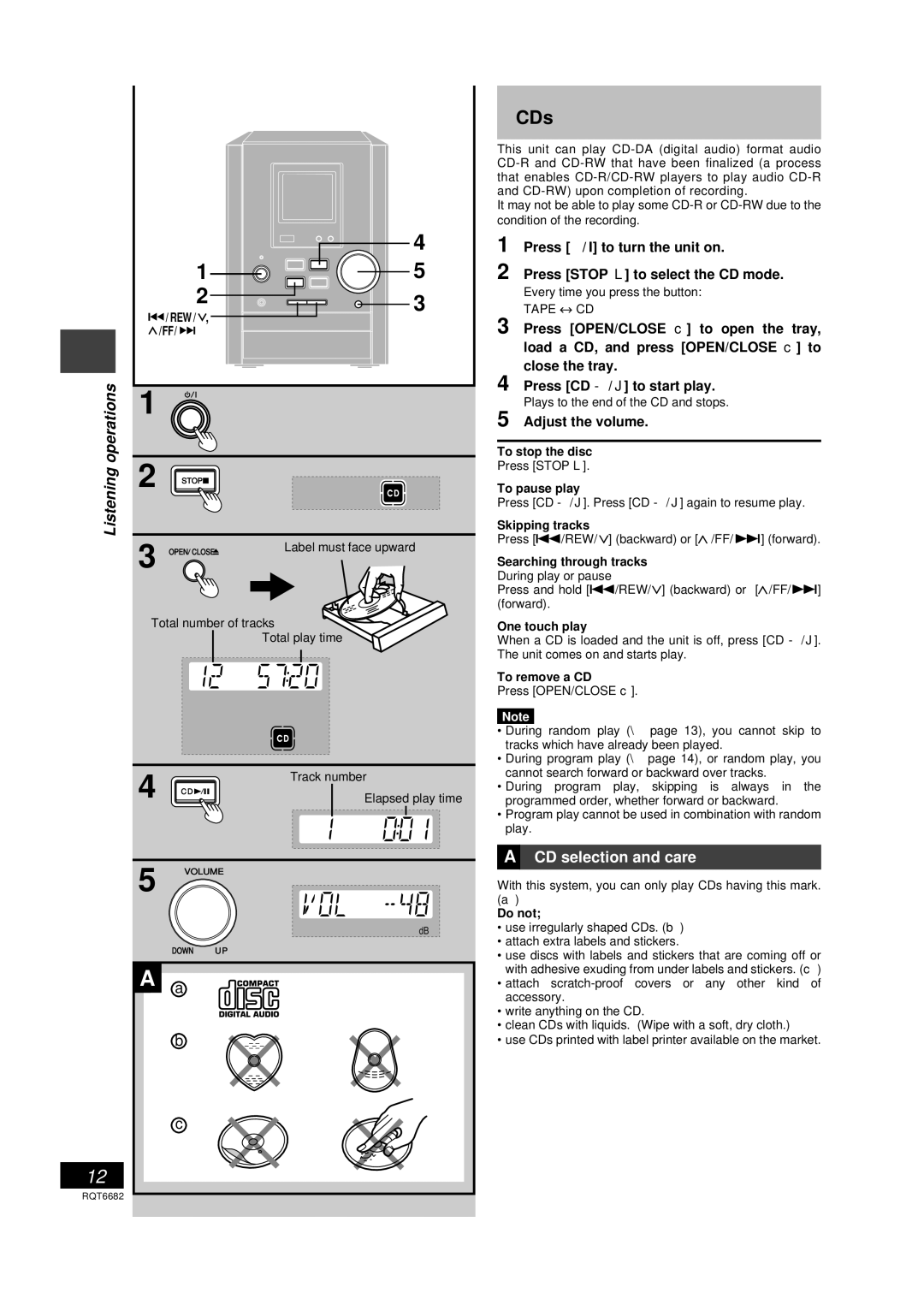 Panasonic SC-PM10 operating instructions CDs, Operations Listening, CD selection and care, Press y / I to turn the unit on 