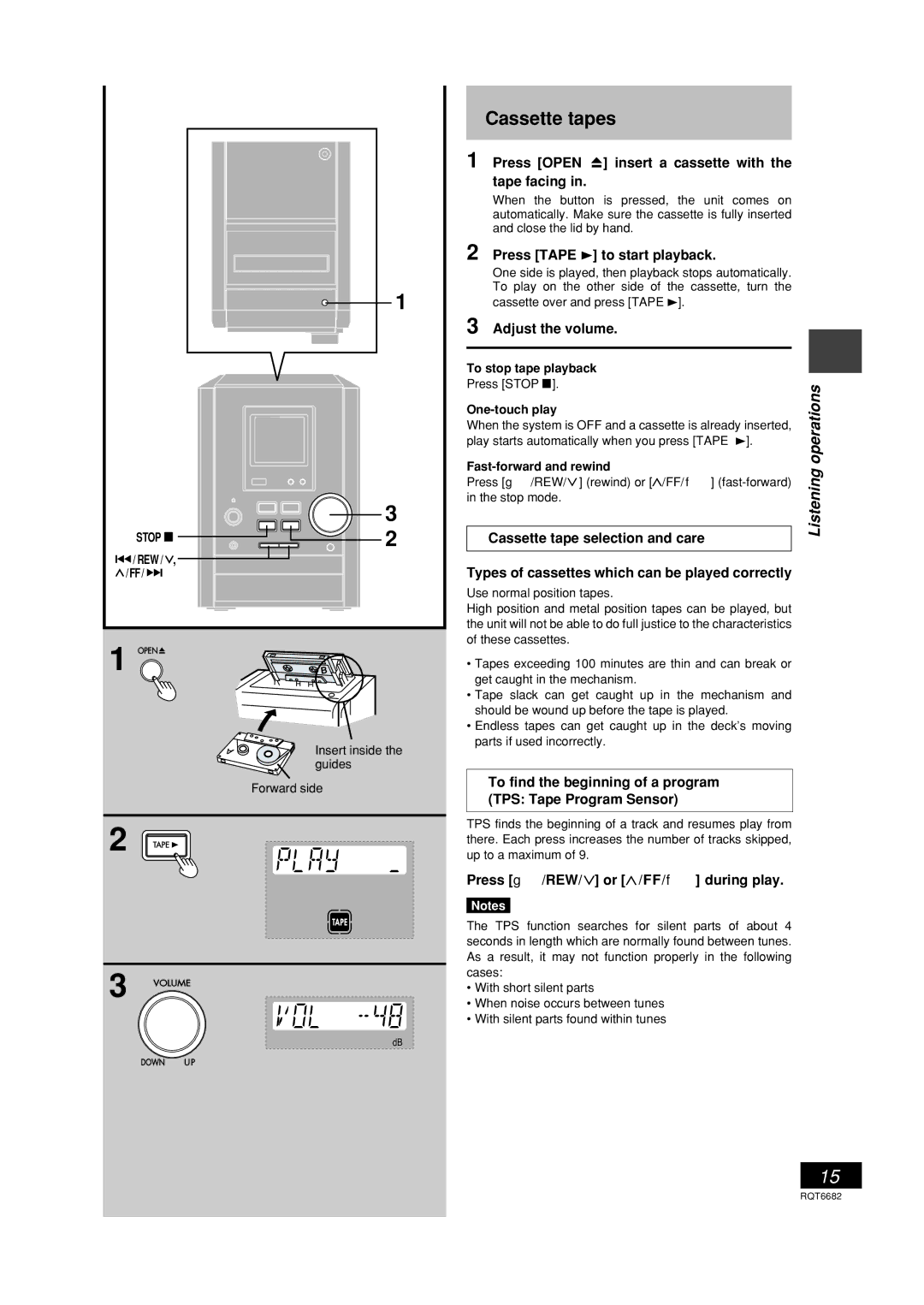 Panasonic SC-PM10 operating instructions Cassette tapes, Listening operations 