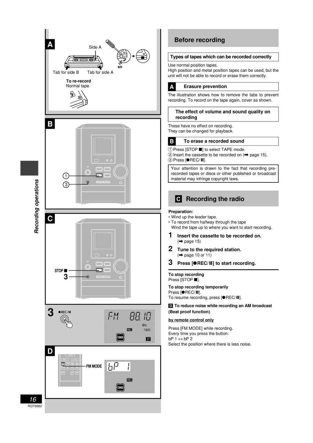 Panasonic SC-PM10 operating instructions Before recording, Recording the radio, Recording operations 