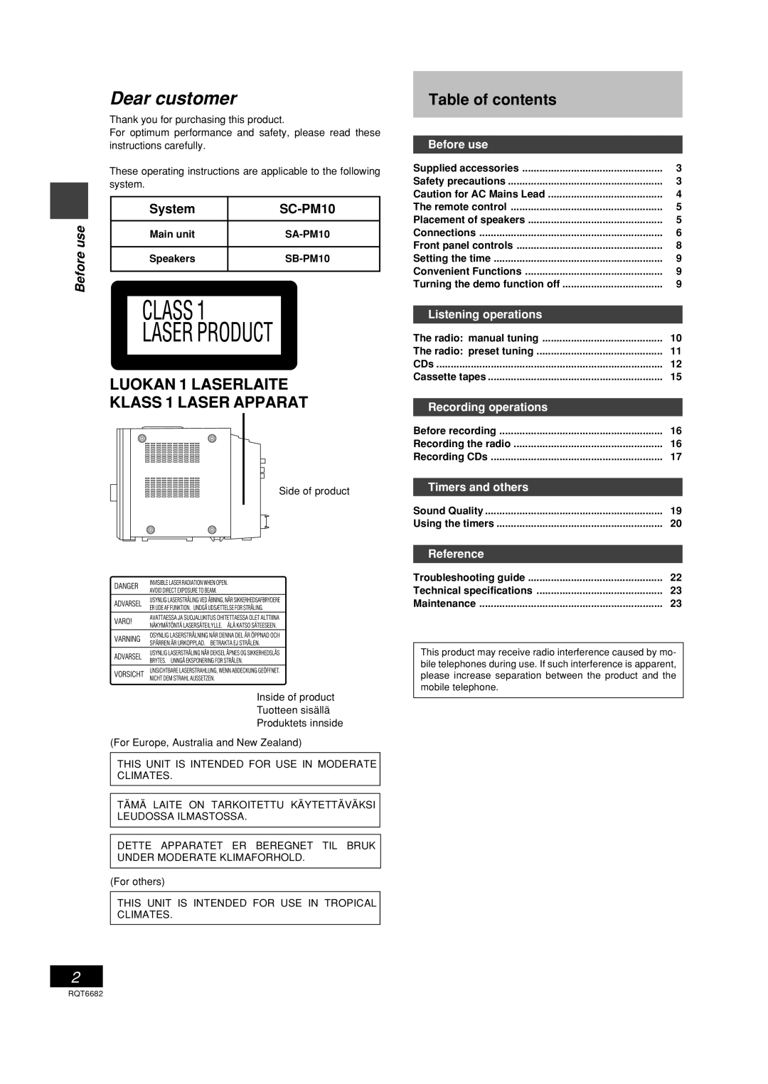 Panasonic SC-PM10 operating instructions Dear customer, Table of contents 