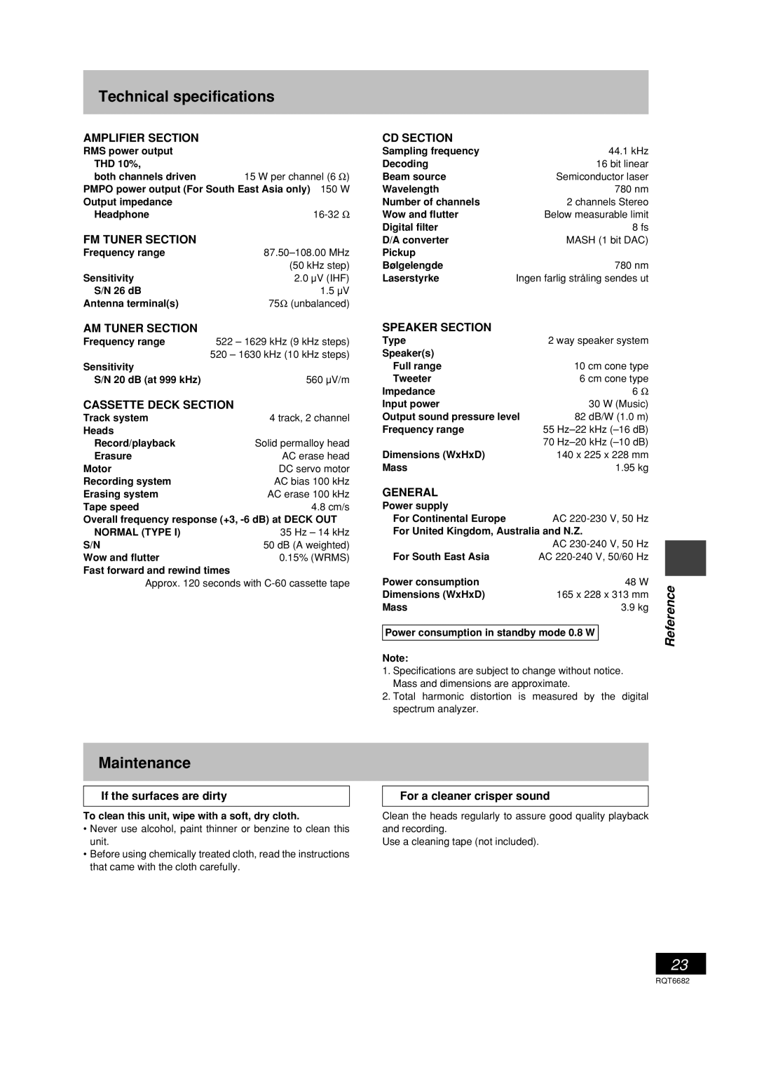 Panasonic SC-PM10 Technical specifications, Maintenance, Reference, If the surfaces are dirty, For a cleaner crisper sound 