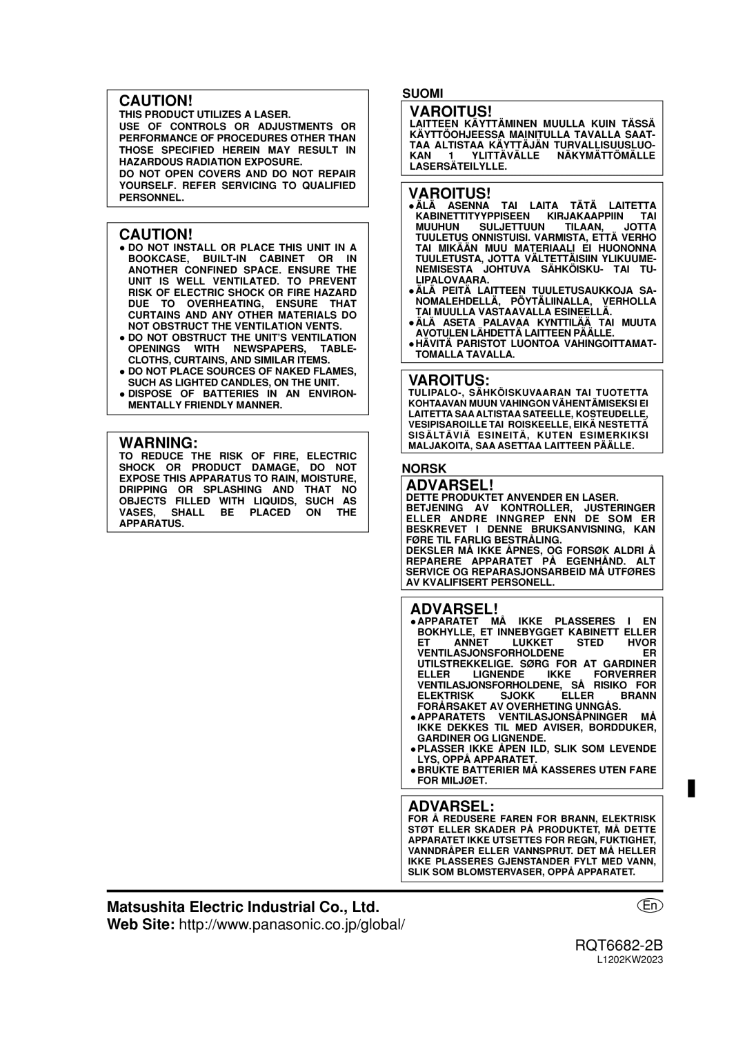 Panasonic SC-PM10 operating instructions Varoitus, L1202KW2023 