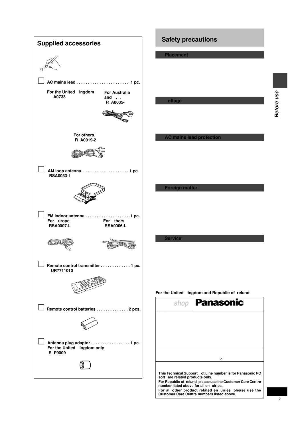 Panasonic SC-PM10 Supplied accessories, Safety precautions, Use, AC mains lead pc For the United Kingdom 