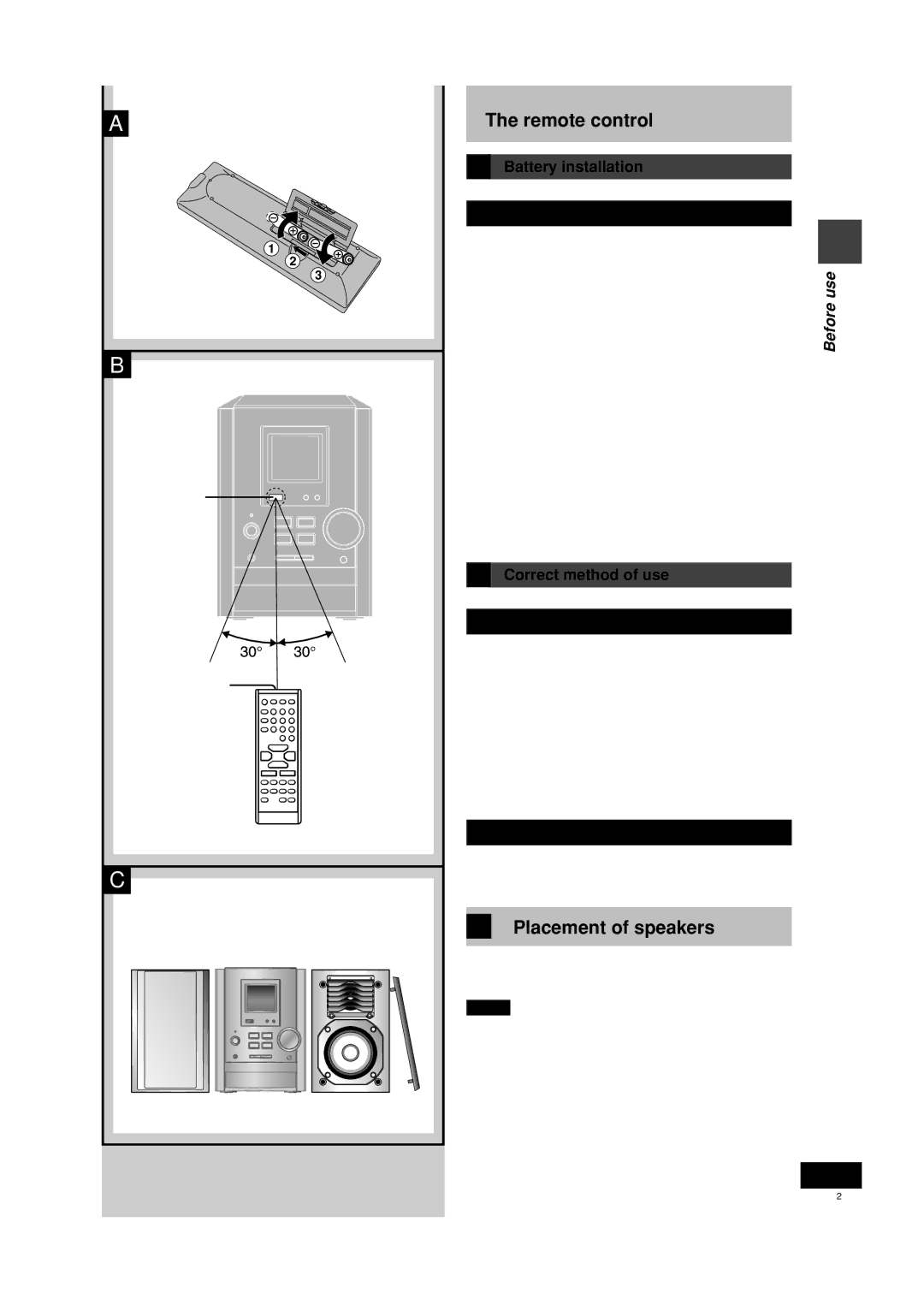 Panasonic SC-PM10 operating instructions Remote control, Placement of speakers, Battery installation, Correct method of use 