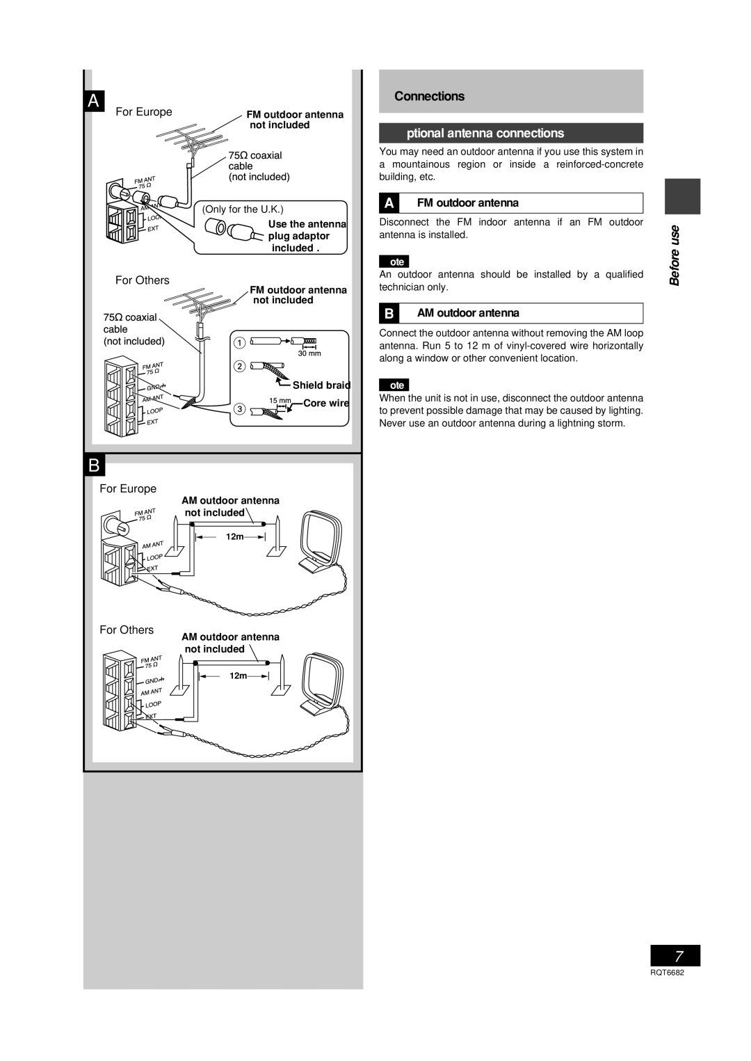 Panasonic SC-PM10 Optional antenna connections, For Europe, FM outdoor antenna, AM outdoor antenna, Only for the U.K 