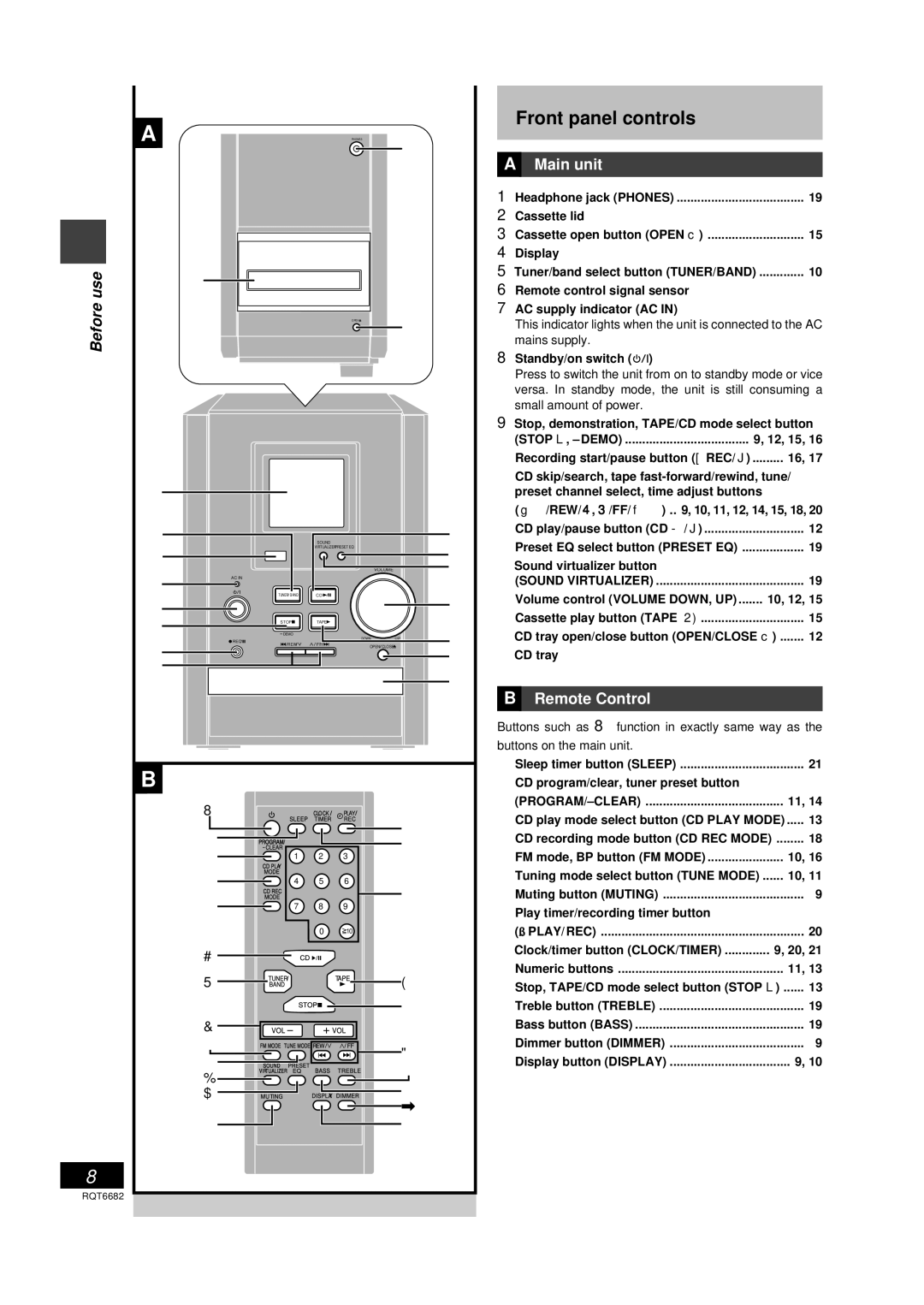 Panasonic SC-PM10 operating instructions Front panel controls, Main unit, Remote Control, Stop L, Demo, Program/-Clear 