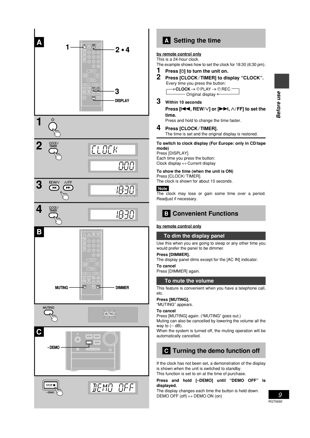 Panasonic SC-PM10 Setting the time, Convenient Functions, Turning the demo function off, To dim the display panel 