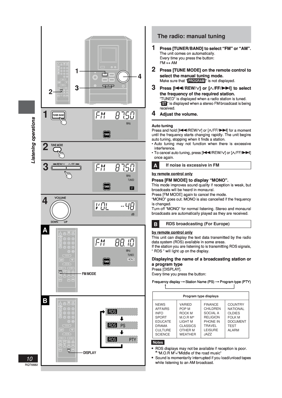 Panasonic SC-PM10 The radio manual tuning, Listening, Rds Rds Ps Rds Pty, Press TUNER/BAND to select “FM” or “AM”, Fm Mode 