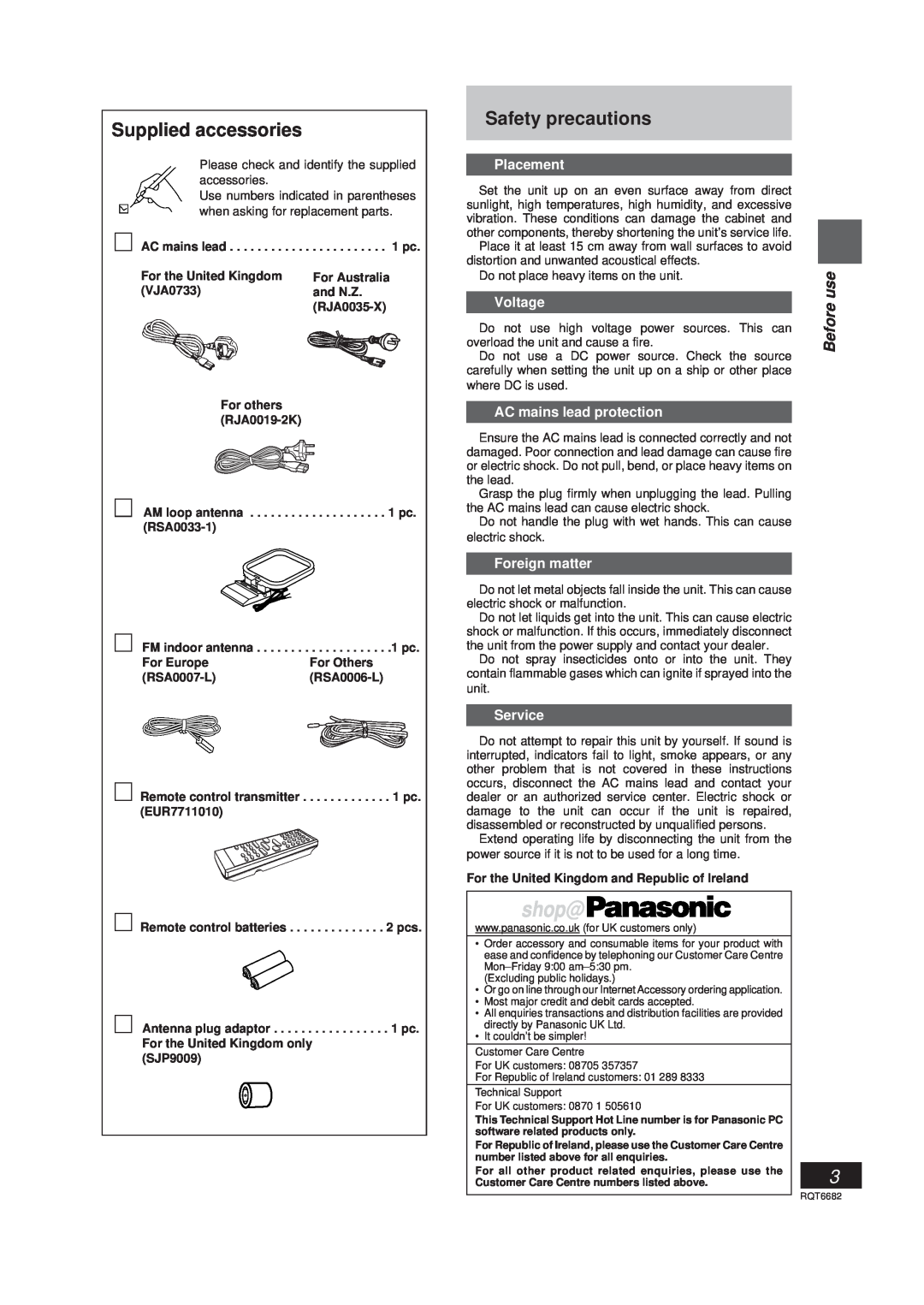 Panasonic SC-PM10 Supplied accessories, Safety precautions, shop@, Placement, Voltage, AC mains lead protection, Service 
