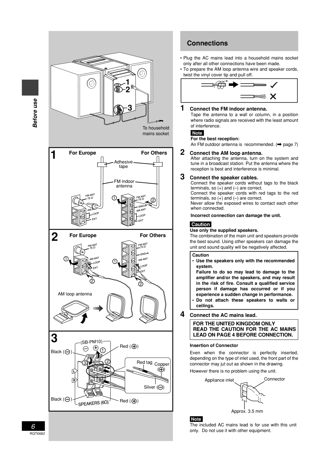 Panasonic SC-PM10 operating instructions Connections, Before use, For Europe, For Others, Connect the FM indoor antenna 