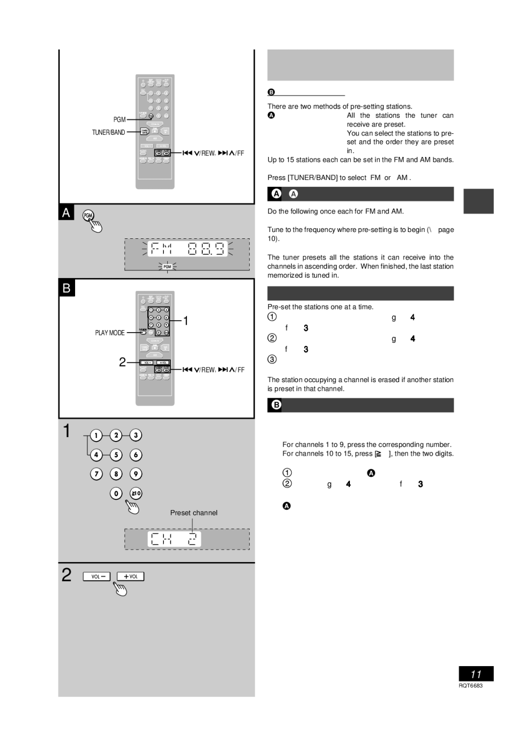 Panasonic SC-PM18 Radio preset tuning, Automatic pre-setting, Manual pre-setting, Selecting channels, Listening operations 