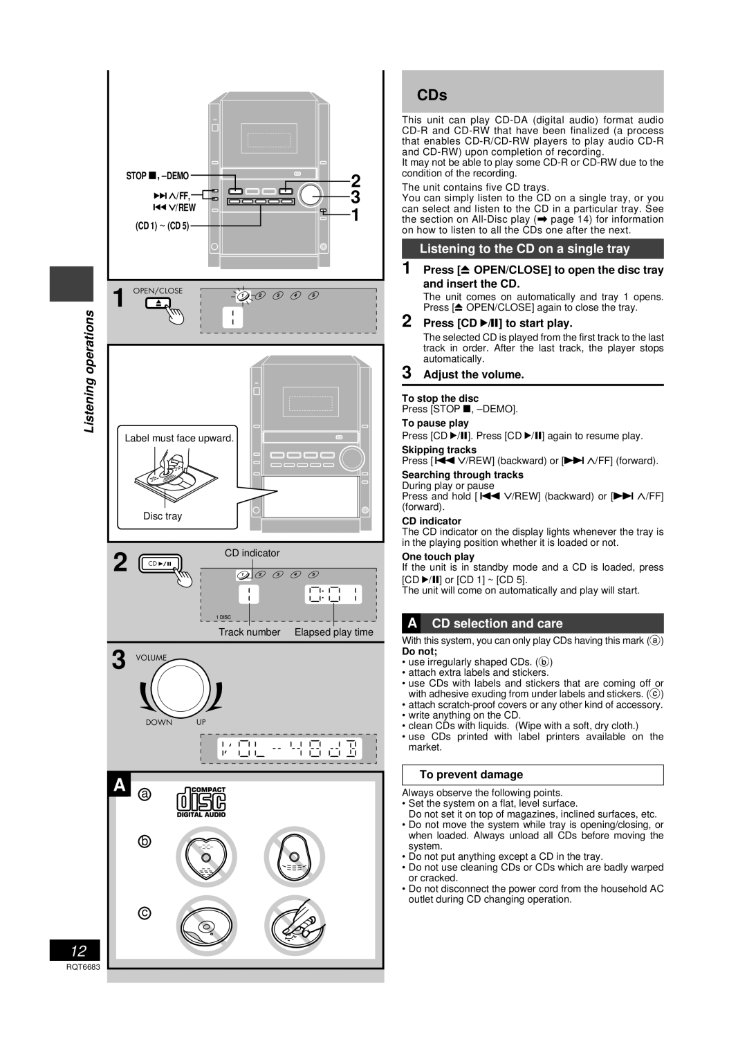 Panasonic SC-PM18 manual CDs, Listening to the CD on a single tray, CD selection and care, Press CD 2/J to start play 