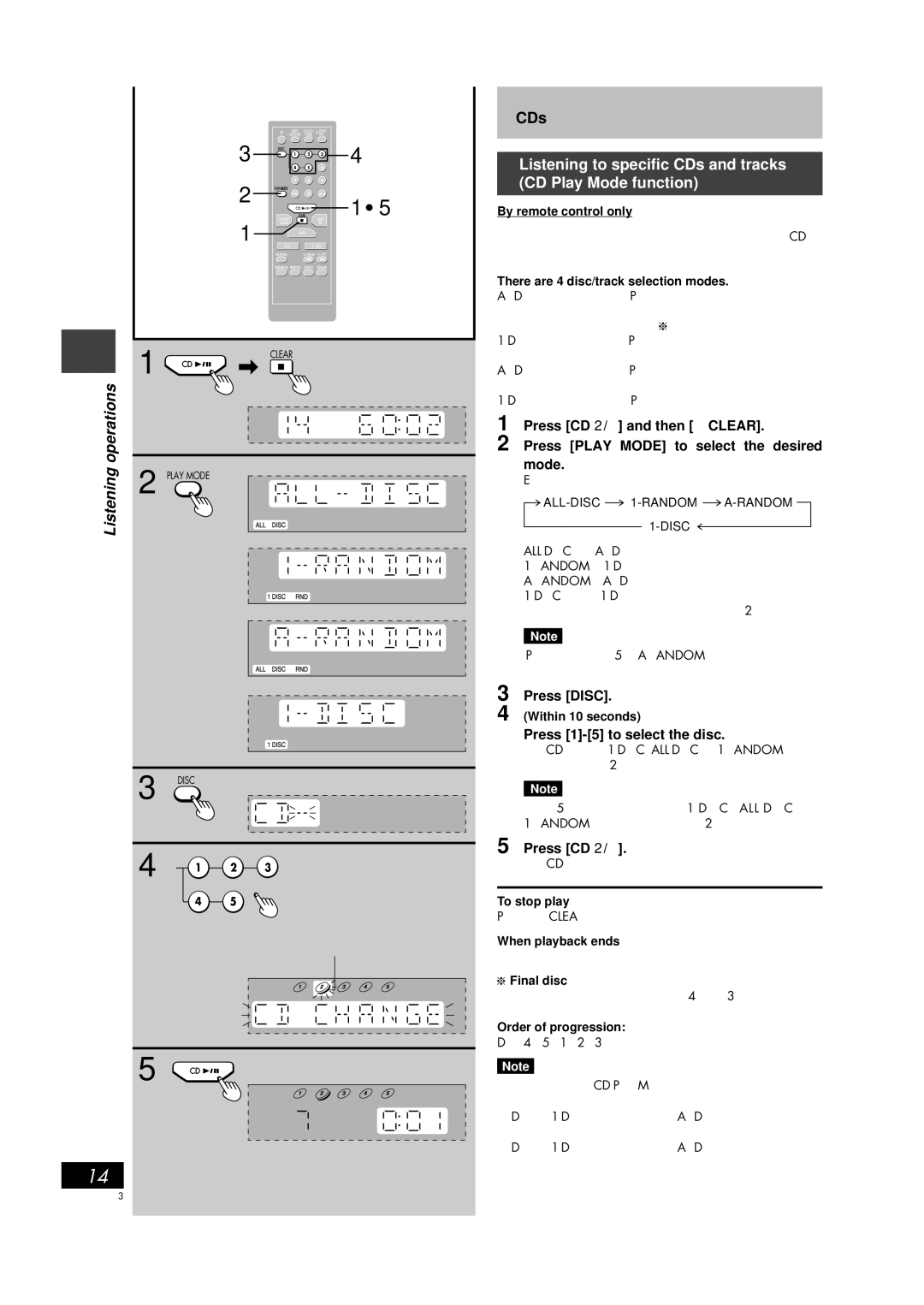 Panasonic SC-PM18 manual Operations, Listening to specific CDs and tracks CD Play Mode function, Press Disc, Press CD 2/ J 