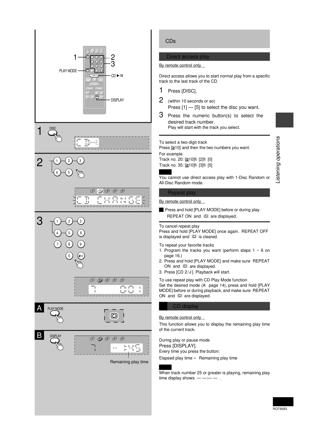 Panasonic SC-PM18 manual Direct access play, Repeat play, CD display, Press Display 