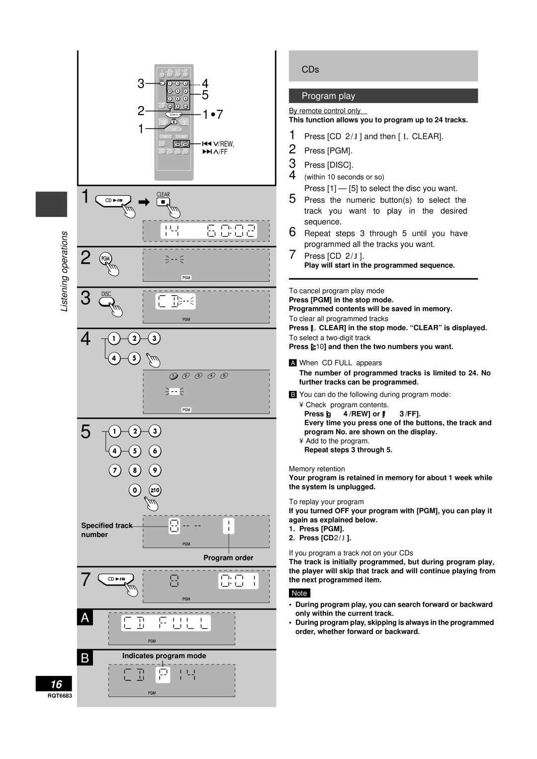 Panasonic SC-PM18 manual Program play, Press CD 2/ J and then L Clear Press PGM Press Disc 