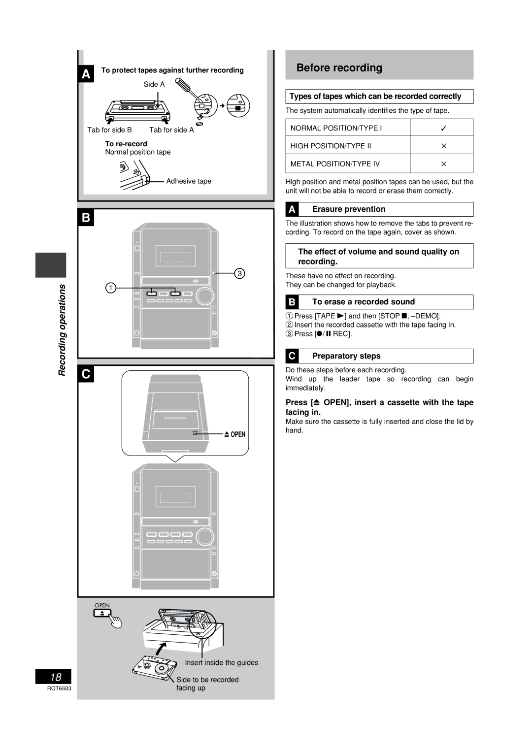 Panasonic SC-PM18 Before recording, Types of tapes which can be recorded correctly, Erasure prevention, Preparatory steps 