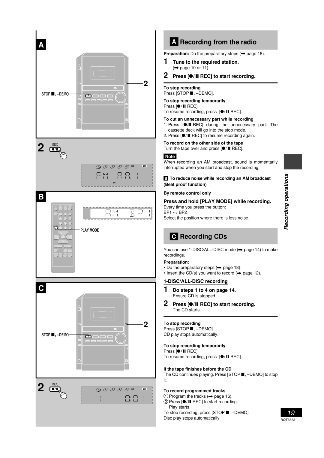 Panasonic SC-PM18 manual Recording from the radio, Recording CDs 