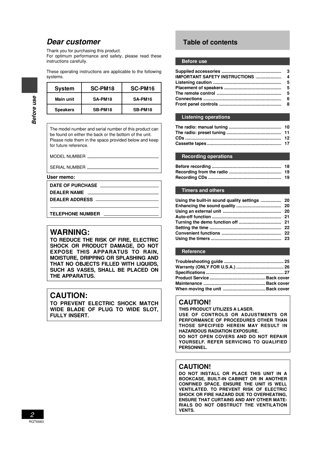 Panasonic SC-PM18 manual Dear customer, Table of contents 