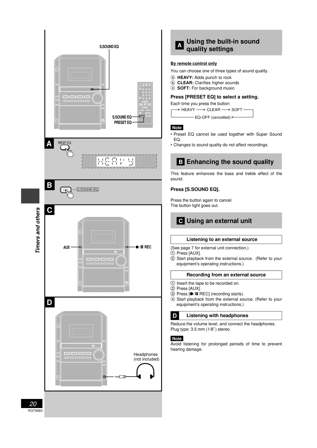 Panasonic SC-PM18 manual Using the built-in sound Quality settings, Enhancing the sound quality, Using an external unit 