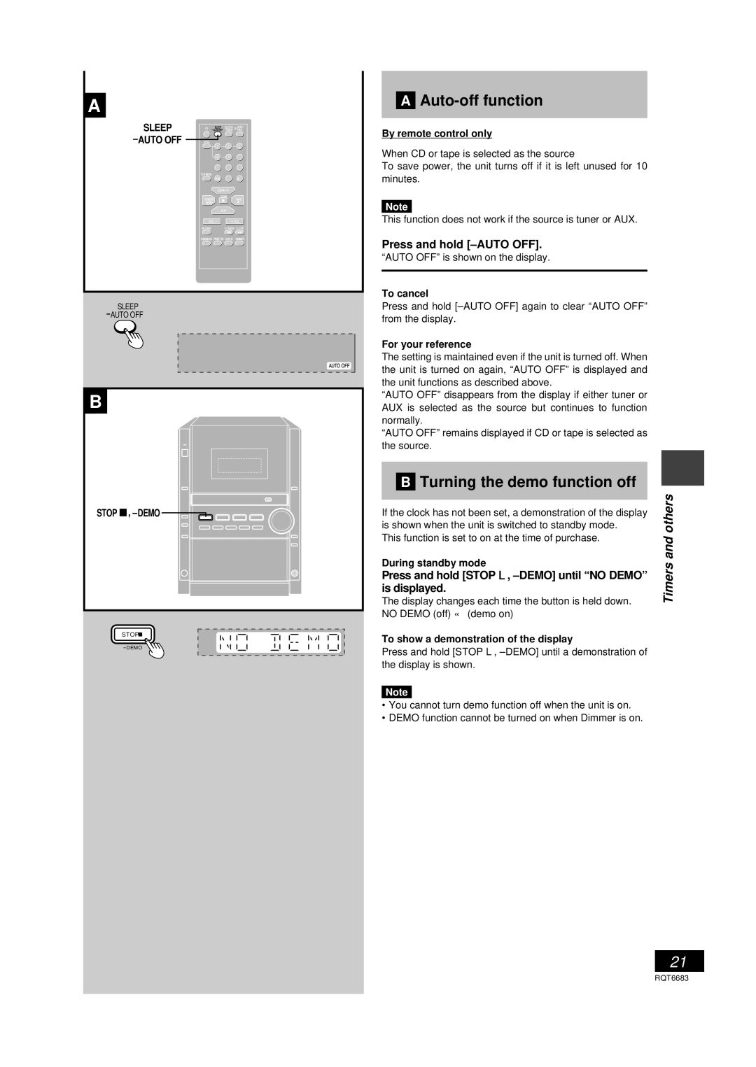 Panasonic SC-PM18 manual Auto-off function, Turning the demo function off, Timers and others, Press and hold -AUTO OFF 