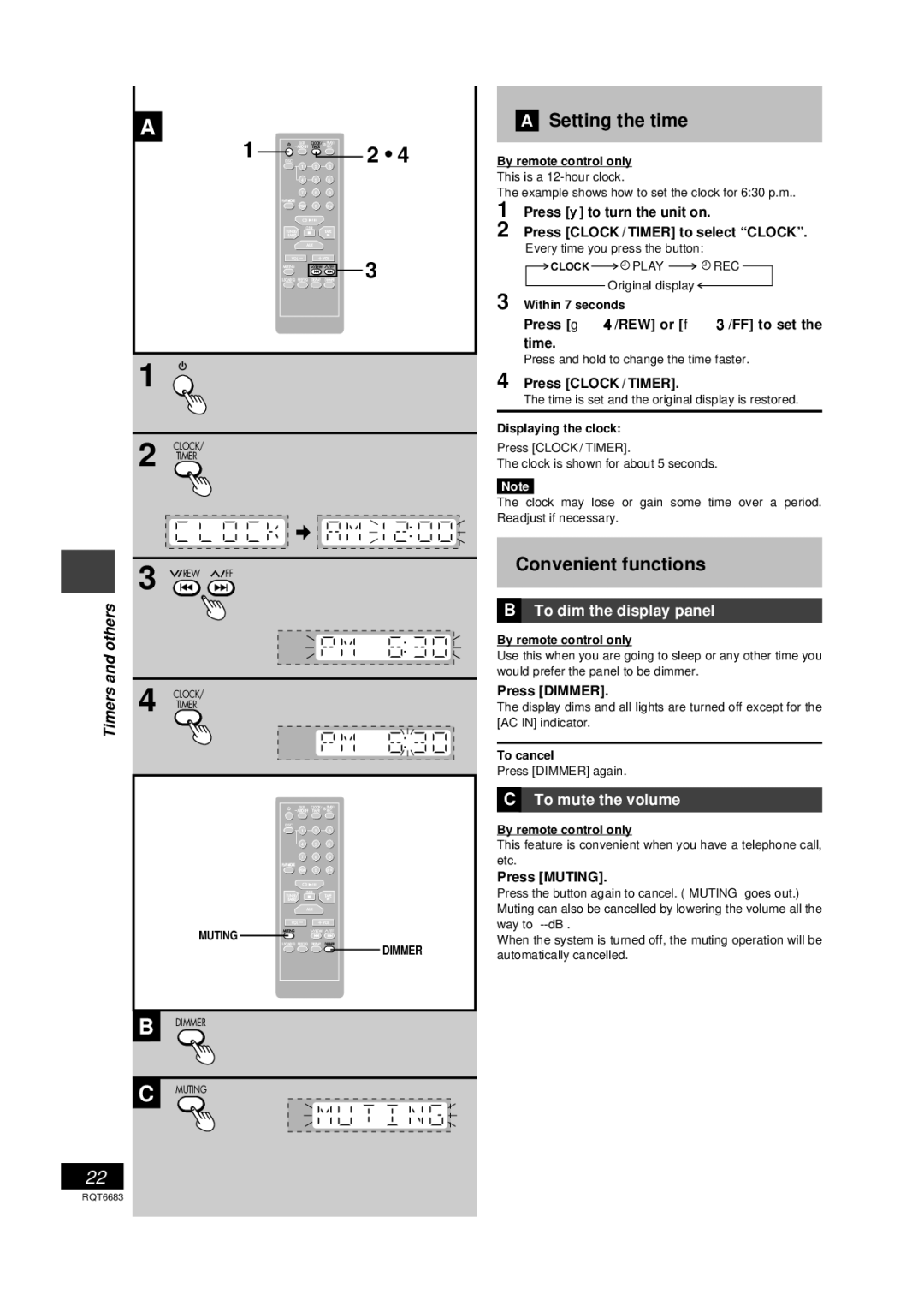 Panasonic SC-PM18 manual Setting the time, Convenient functions, Others, To dim the display panel, To mute the volume 