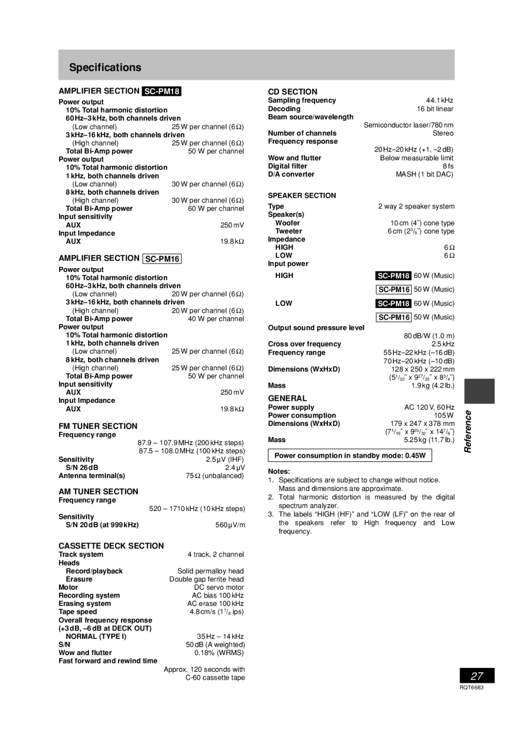 Panasonic SC-PM18 manual Specifications 