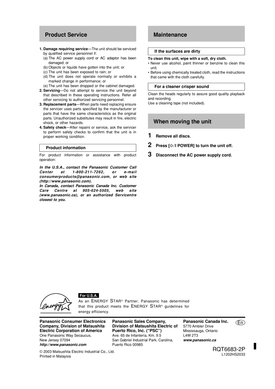 Panasonic SC-PM18 manual Product Service Maintenance, When moving the unit 