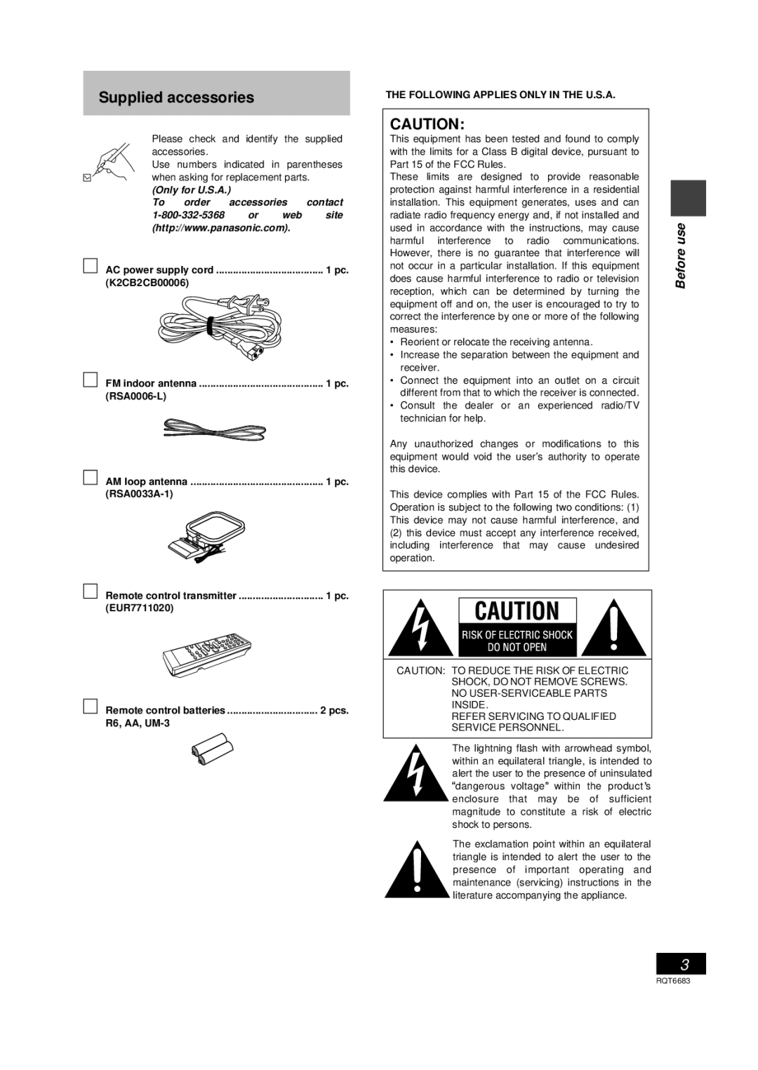 Panasonic SC-PM18 manual Supplied accessories, Use, Following Applies only in the U.S.A 