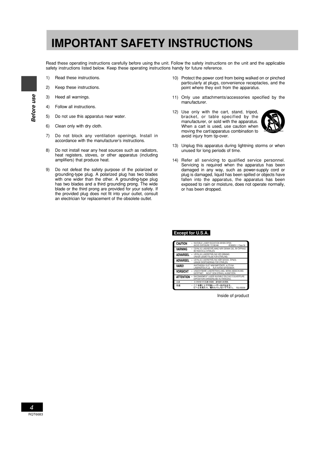 Panasonic SC-PM18 manual Important Safety Instructions, Before use 