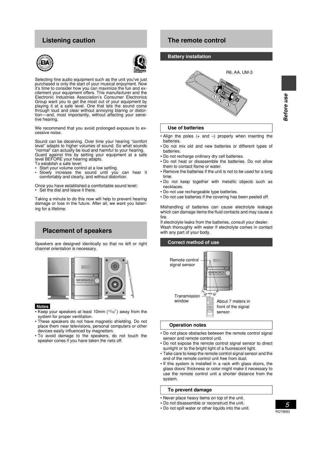 Panasonic SC-PM18 manual Listening caution, Placement of speakers, Remote control 