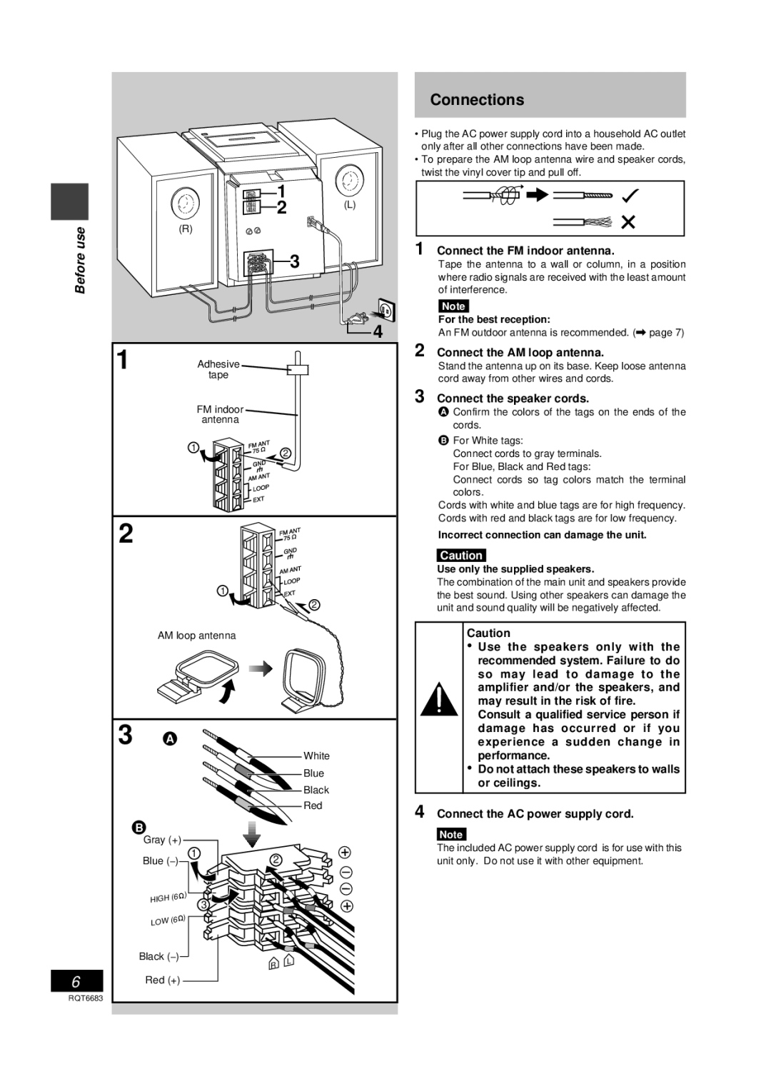 Panasonic SC-PM18 manual Connections, Connect the FM indoor antenna, Connect the AM loop antenna, Connect the speaker cords 