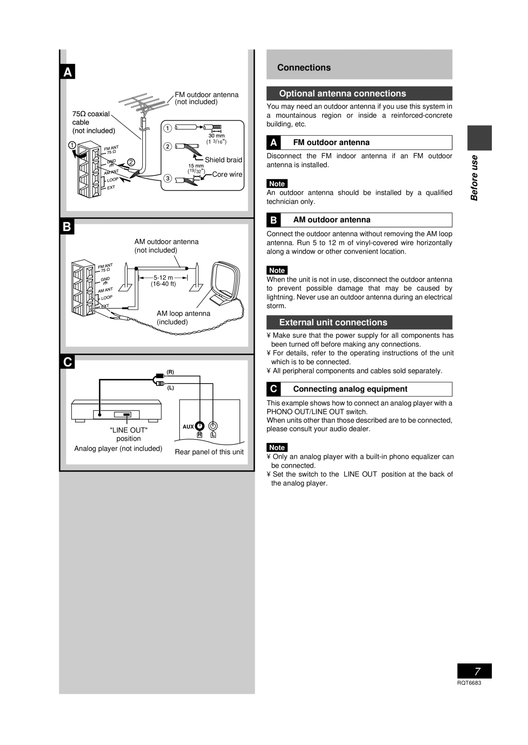 Panasonic SC-PM18 manual Optional antenna connections, External unit connections, FM outdoor antenna, AM outdoor antenna 